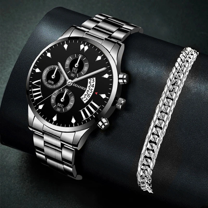 New Men Business Stainless Steel Quartz Wristwatch Fashion Mens Watches Calendar Date Clock Man Silver Bracelet Male Watch