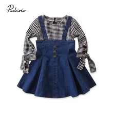 Брендовое милое детское платье с длинными рукавами для маленьких девочек клетчатые джинсовые плиссированные платья в стиле пэчворк Осенняя повседневная одежда