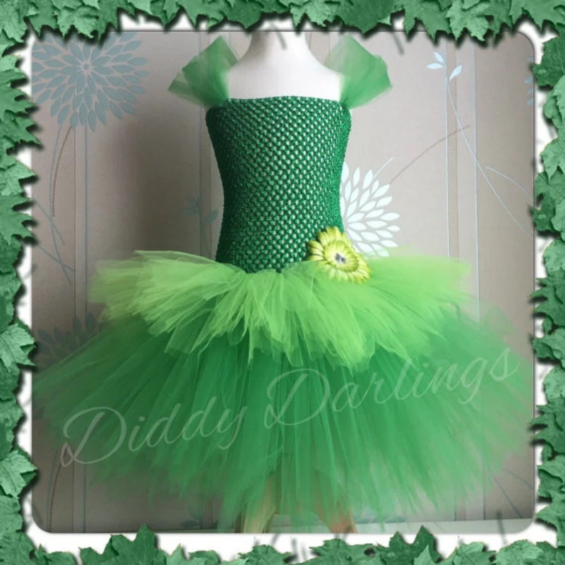 Girls Green Cake Tutu Dress Kids Crochet Fluffy Tulle Dress Ball Gown with Daisy Flower Children Birthday Party Costume Dresses