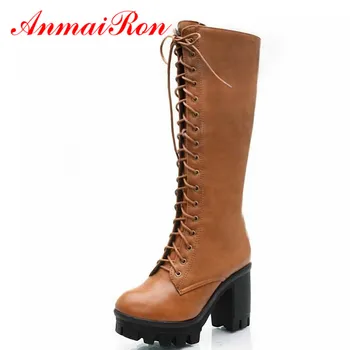 

ANMAIRON Black Yellow Big Size 34-43 Lace Up Mid Calf Women Boots Shoes New Square Heel High Boots Winter Fashion Platform Pumps