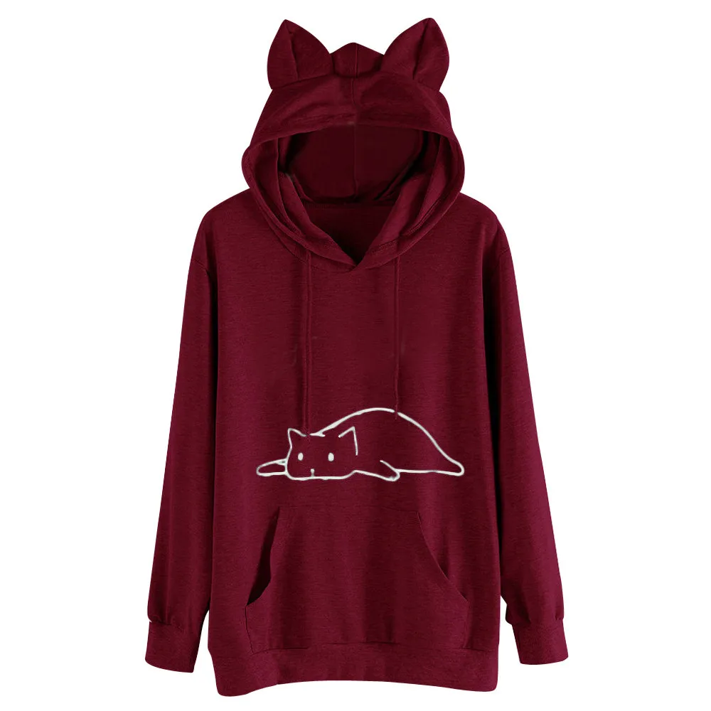 

JAYCOSIN Fashion Women Long Sleeve Cat Ears Solid Color Hooded Pockets Sweatshirt Unique Print Chic Comfortable Pullover