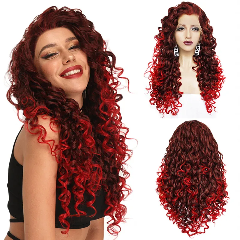 Ebingoo Long Afro Kinky Curly Synthetic Lace Front Wigs Two Tone Ombre Red Wig with Widow Peak Heat Resistant Fiber for Women