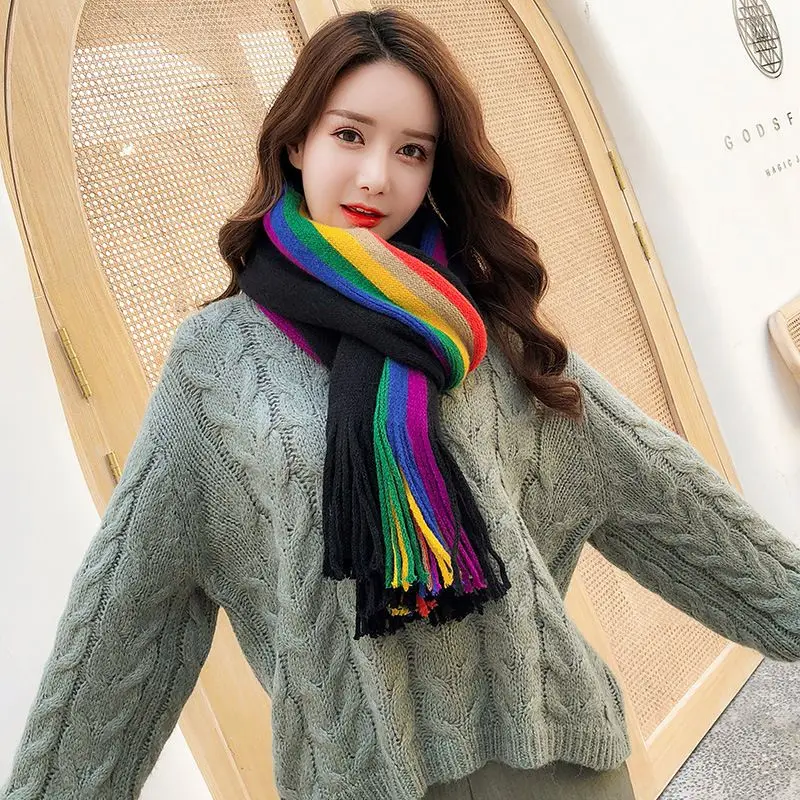 Для женщин зима в радужную полоску толстый шарф теплые кашемировые джинсы с бахромой; корейский стиль; милые шаль шарф мм - Цвет: B
