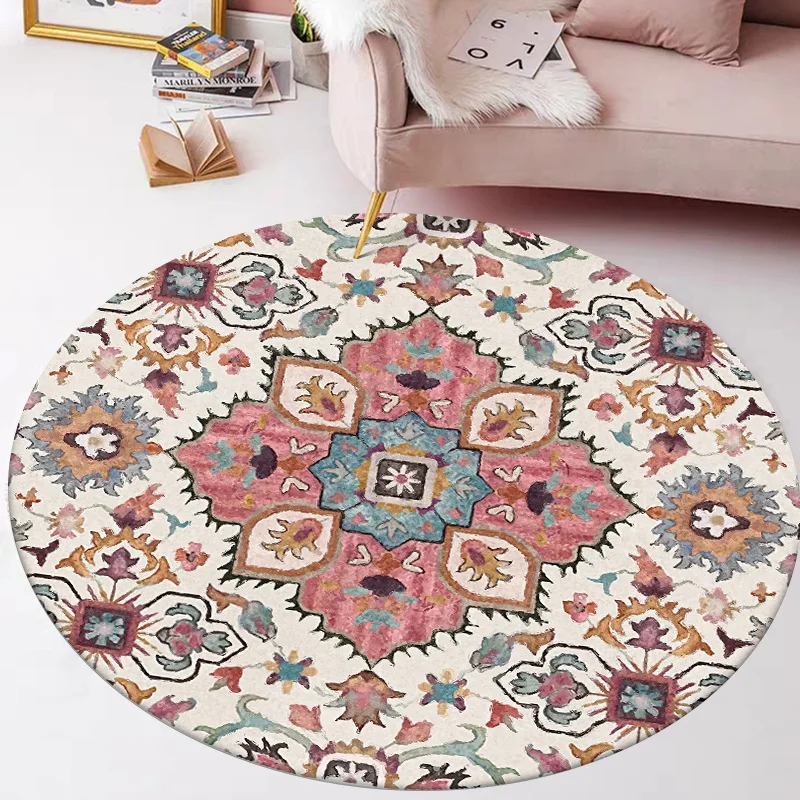 

Indian ethnic style rug Area Rug for Living Room Flower Pattern Round Carpet roundmat for Rooms could Mechanical Wash
