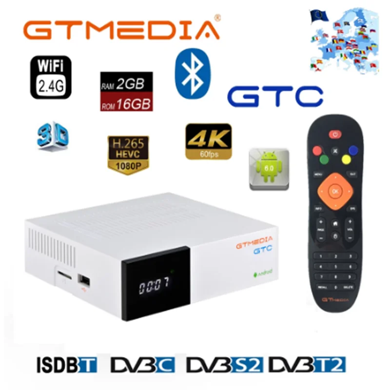 

GTMedia GTC Satellite Receiver Decoder Android 6.0 TV box H.265 with 2G Ram+26G DVB-S/S2+DVB-T2+DVB-C for Europe Set Top Box