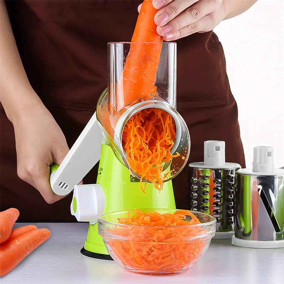 Comprar Cortador de verduras redondo mandolina patatas zanahoria rallador rebanador 3 cuchillas cortadoras multifunción de acero inoxidable accesorios de cocina