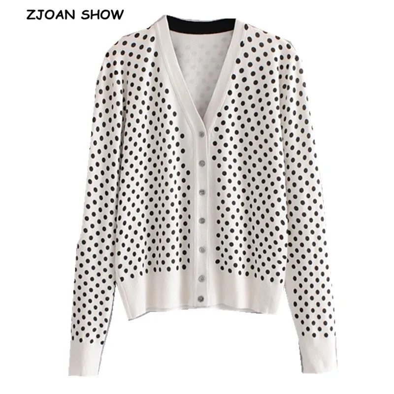 

2019 Autumn Stylish Knitting Single Breasted Button Polka Dot Cardigan Sweater Woman Deep V-neck Long Sleeve Jumper Knitwear