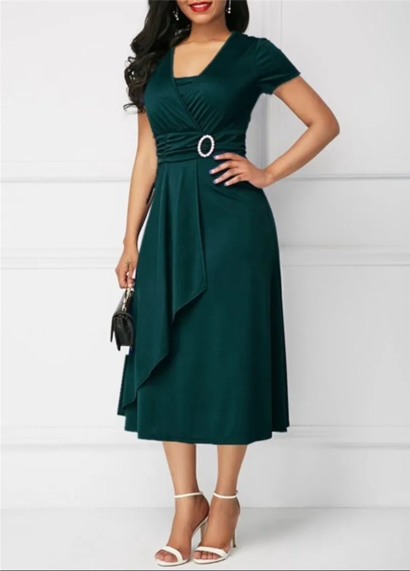 Элегантное асимметричное платье миди женское осеннее летнее однотонное Повседневное платье с коротким рукавом и v-образным вырезом большого размера с высокой талией S-5XL - Цвет: 4