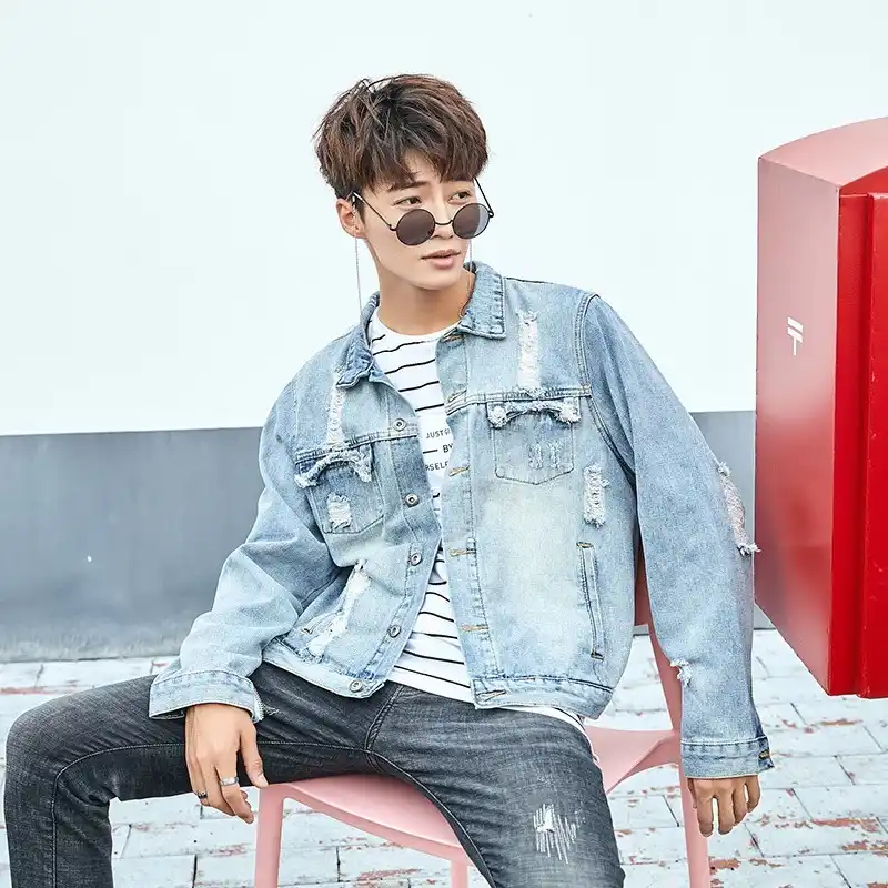 men hole stylish long sleeve denim jacket