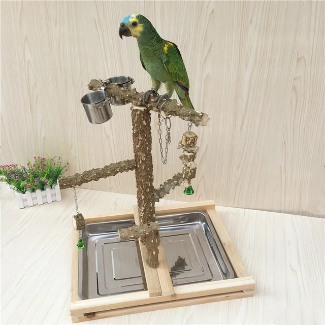 Bird Bite Claw Perches Parrot Wooden Stand Hanging Cage Bird Standing Stick Toys Parrot Playground With Foot Ring Feeder Cups 1