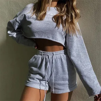 

YYXZ Woman Sets Autumn Fashion Loose embroidery Letter Long Sleeve O-neck Crop Top Young Woman Casual Short Sweatshirts & Shorts
