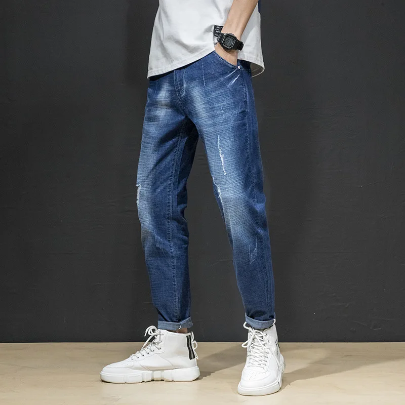 

Spring New Men's Stretch Elastic Fit Denim Trousers Cotton Jeans ripped men solid color personality simple hole zipper jeans