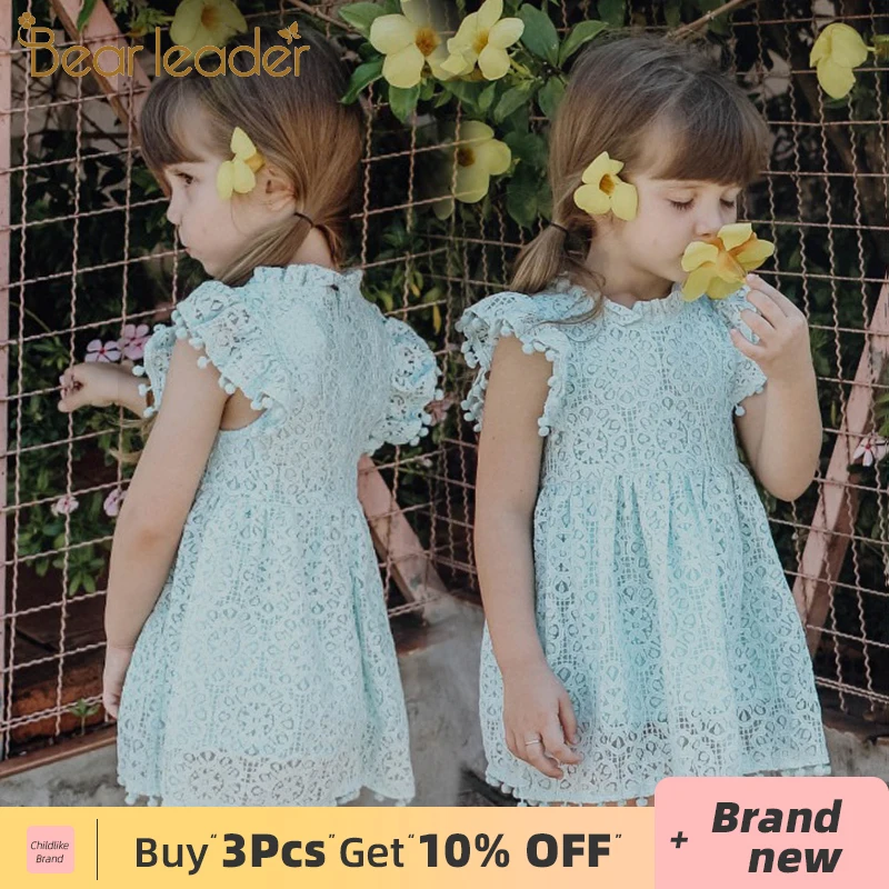 Bear Leader Girls Dress 2021 New Summer Brand Clothes Lace Petal Sleeve Design Baby Party For 3-7 Years | Детская одежда и обувь