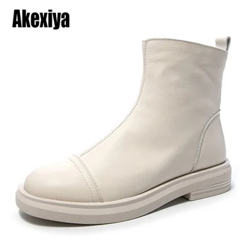 

The New Genuine Leather Ankle Boots Women winter Autumn Low-heeled Zipper Boots Round Toe Woman Shoes white Black u490