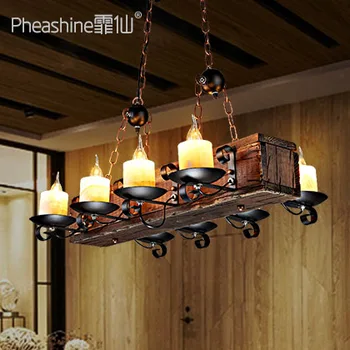 

Nordic living room dining room antique wood chandelier American rural hotel Internet bar long solid wood lamp