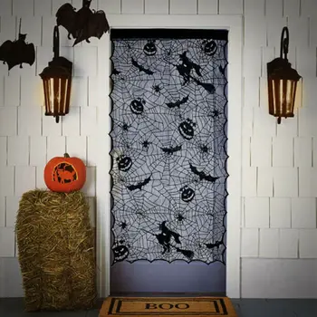 

2020 HOT Halloween Door Decoration 40x84 Inch Spooky Black Pumpkin Bats Lace Door Curtain Horrible Halloween Decoration for Home