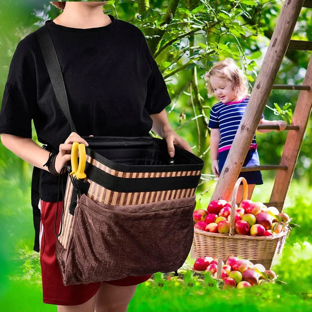 Large Bamboo Basket Fruit Vegetable Harvest Picking Apron Collapsible Bucket for Farmer Collect Collection Tools
