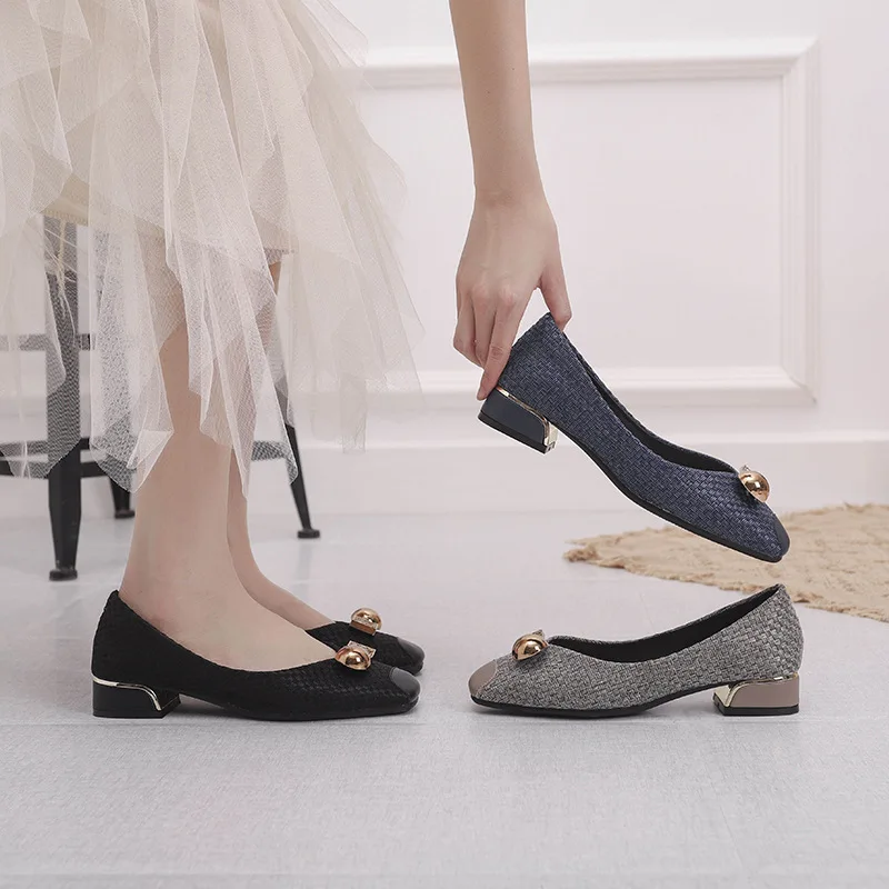 Small Square Head Shallow Mouth Single Shoes Women 2022 Spring Thick Heel Square Round Metal Buckle All-match Shoes
