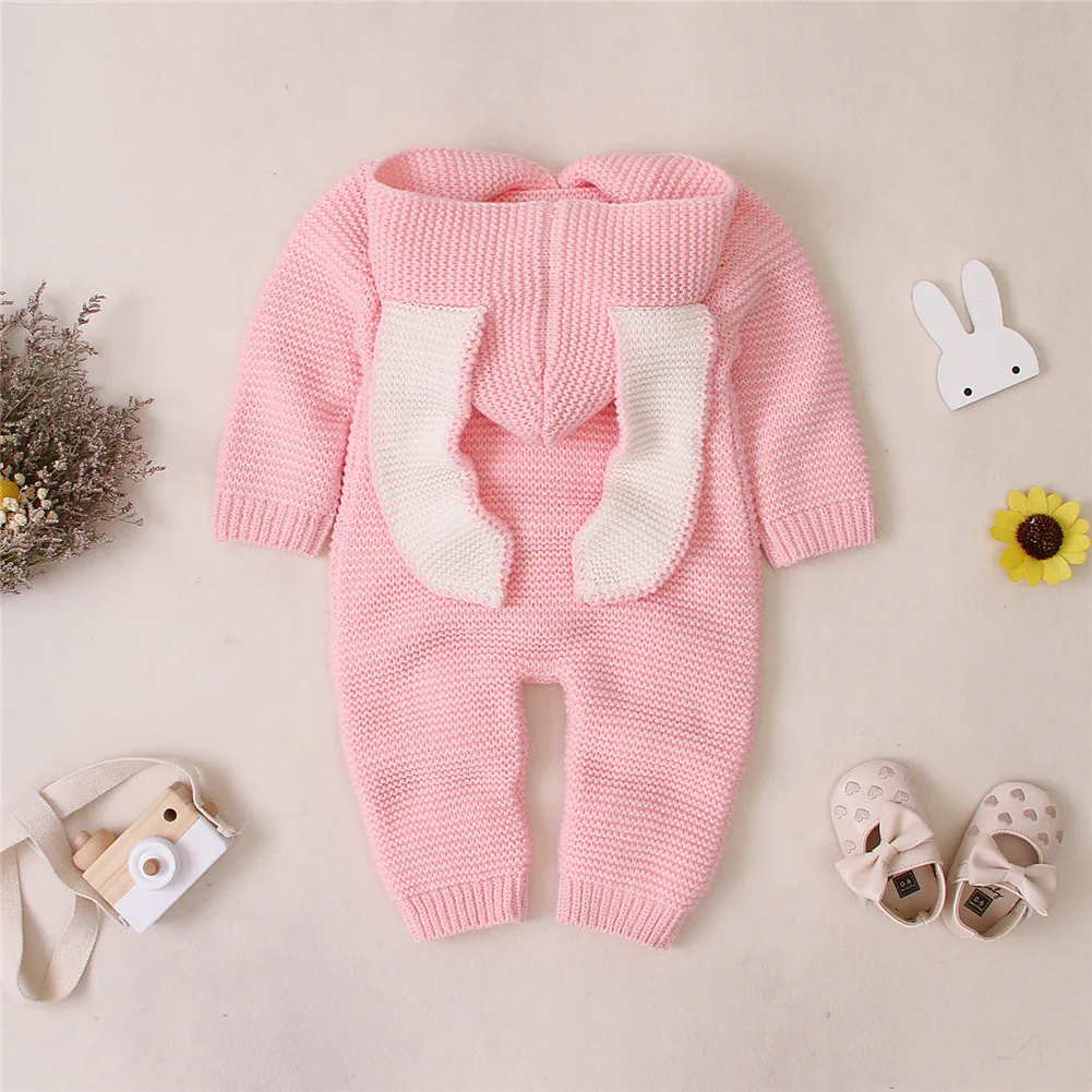 0-24M Autumn Winter Infant Kids Girls Boys Rompers Knit Solid Long Sleeve 3D Ears Hooded Jumpsuits Clothes