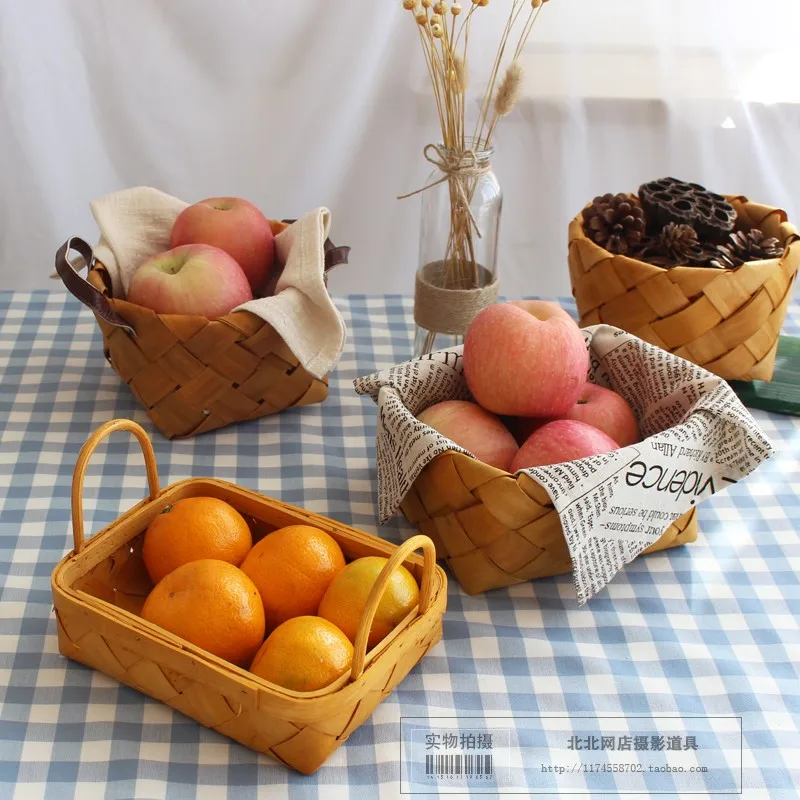 

3 Designs Small Pastoral Handmade Wood Bamboo Chip Food Storage Baskets Fruit Eggs Bread Photography Props Background Ornaments