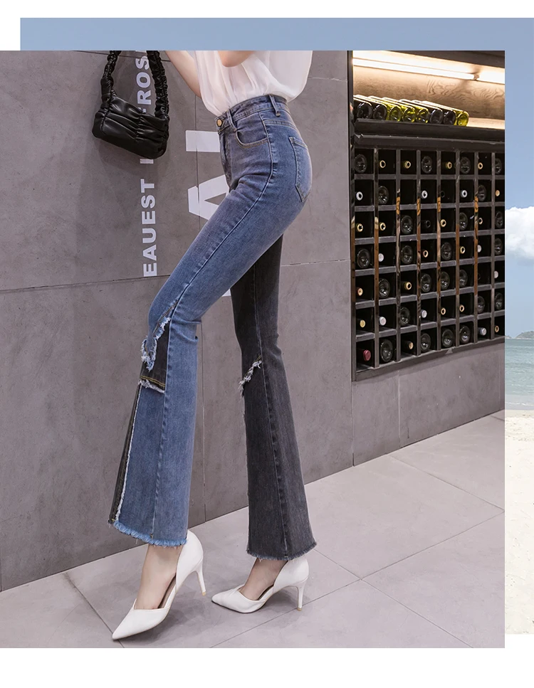 Vintage Patchwork Flared Jeans Ladies Stretch High Waist Skinny Boot-Cut Denim Trousers Mujer Fashion Denim Pants For Women 2021 gap jeans