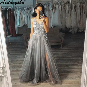 

Appliques Spaghetti Straps Gorgeous A Line Prom Dress Tulle New Arrival Evening Gown Vestido De Festa Longo