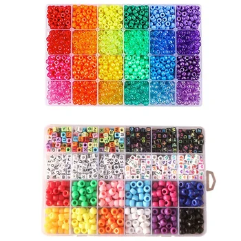 

960 Bead Set Letter Beads and Large Beads with Elastic Rope & 2880 Pcs Large Hole Beads Rainbow Plastic Beads 6 X 9 mm