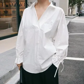 

TVVOVVIN2020 New Spring Summer Solid Color Lapel Flare Sleeve Shirt Women Korea Loose Temperament Wild Blouse Tide PE040