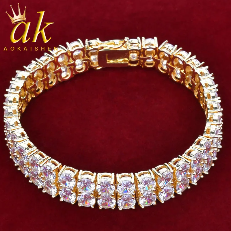 Aokaishen Tennis Bracelet 2 Rows Real Gold Plated Hip Hop Fashion