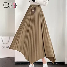 

CAIFISH Autumn Winter Women Pleated Skirt Vintage Irregular Ruffle High Waist Skirt Casual Office Lady Midi Skirt QT1249
