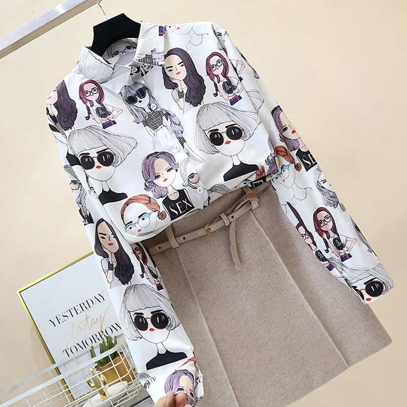 Women Cartoon Character Print Vintage Blouses Spring Long Sleeve Casual Cotton Shirts Tops Female Korean Style Shirt 2020 cute blouses