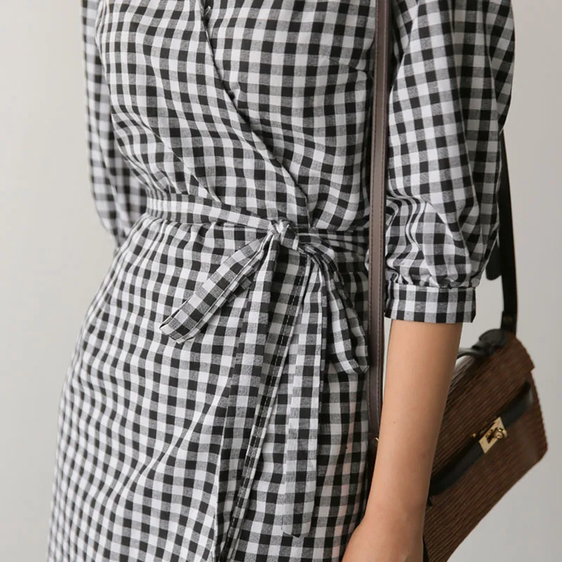 2020 Lace Up Bow Wrap V-Neck Three Quarter Sleeve High Waist Casual One Piece Dresses Summer New Korean Women Plaid Dress