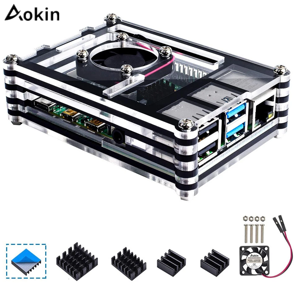 Чехол Aokin для Raspberry Pi 4 B чехол радиаторов шт. с охлаждающим вентилятором Модель