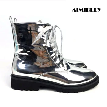 

Women Round Toe Ankle Boots Metallic Silver Lace Up Booties Ladies Autumn Winter Casual Comfortable Shoes Aimirlly