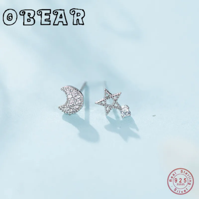 

OBEAR 925 Sterling Silver Star Moon Asymmetrical Stud Earrings For Women Fashion Simple Silver Jewelry Wholesale