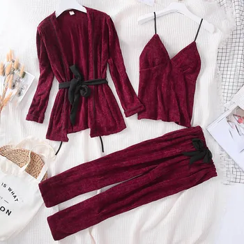 

Women Pajamas 2019 Winter Sleepwear 3 Pieces Pajamas Set Sexy Home Clothes Female Pijamas Long Sleeve Warm Thickening Loose Suit