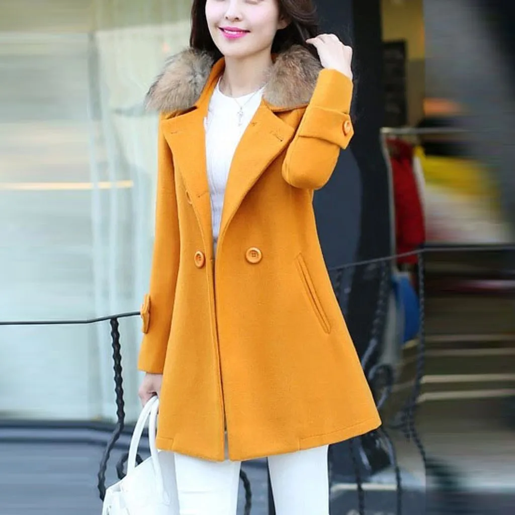 

Women Casual Medium And Long Slim Jacket Winter Woolen Thick Coat Women's JacketFur Collar Cashmere Coat and Jacket 9.26