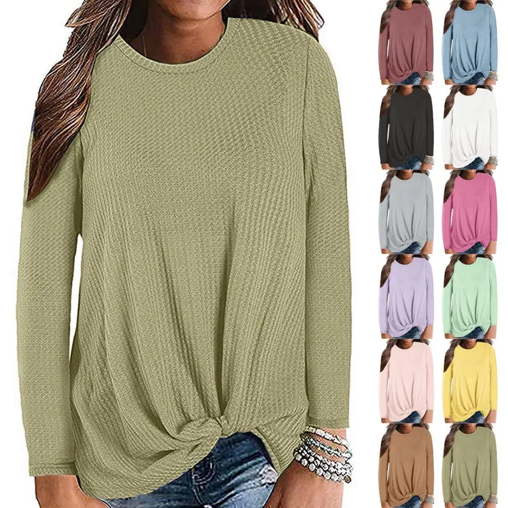 

12 Colors Women Waffle Knit Tunic Top Blouse 2019 New Autumn Winter Casual Knot Cute Shirts Long Sleeve Tops Female