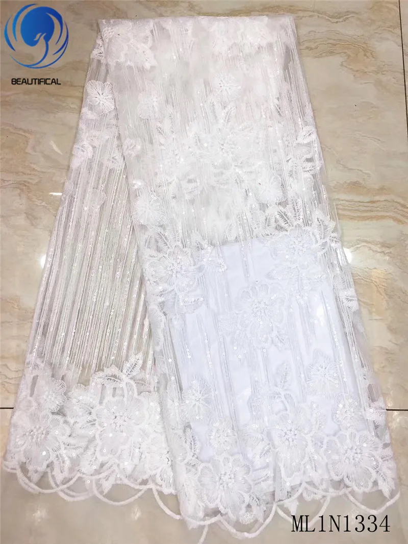 

Beautifical White sequins african fabrics 5yards embroidery tulle lace fabric Latest style nigerian lace for wedding ML1N1334