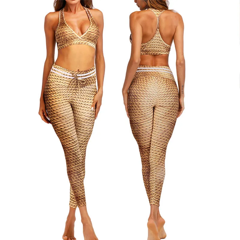 

Women Yoga Fitness Sports Sets Gym Workout Sportswear 2pcs/Set Tracksuits Bra+Printed Yoga Pants Sport Leggings Suits