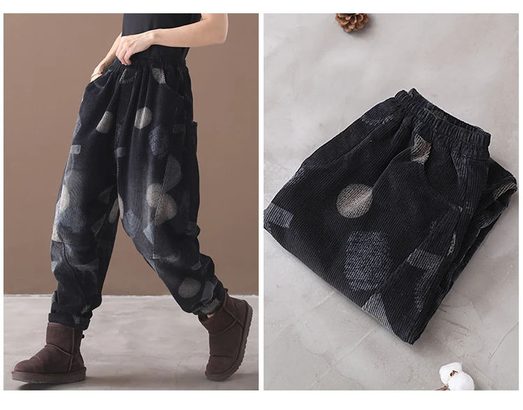 Winter Pants Women Large size Loose Corduroy Trousers New Elastic Waist pocket Geometric Casual Ladies All-match Pants