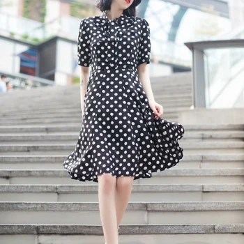 

Runway Designer New Bow Retro Polka Dot Print Short Sleeve Slim Elegant Black Dress Women High Quality Fashionable Temperament