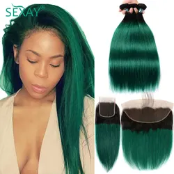 Sexay Turquoise Straight Hair 4 Bundles With Lace Closures 10A Ombre 1B Green Peruvian Straight Human Hair Weave And Frontals