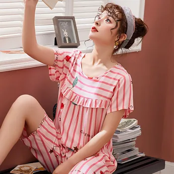 

Summer Pajamas for women Cotton Cartoon Cherry Print Short Sleeve + Shorts Suit Sleepwear Homewear Pijamas Set for Girls