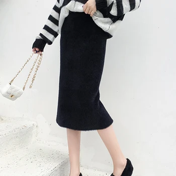 

Mink Cashmere Pencil Skirt Women Knee-length Autumn Winter Thick Midi Knitted Skirt Sexy Split Bodycon Skirt Elastic Waist W124