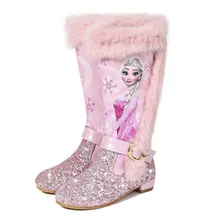 Обувь принцессы Эльзы; Детские Мультяшные сапоги из искусственной кожи с блестками; Зимние Сапоги выше колена для девочек; теплые шерстяные сапоги выше колена