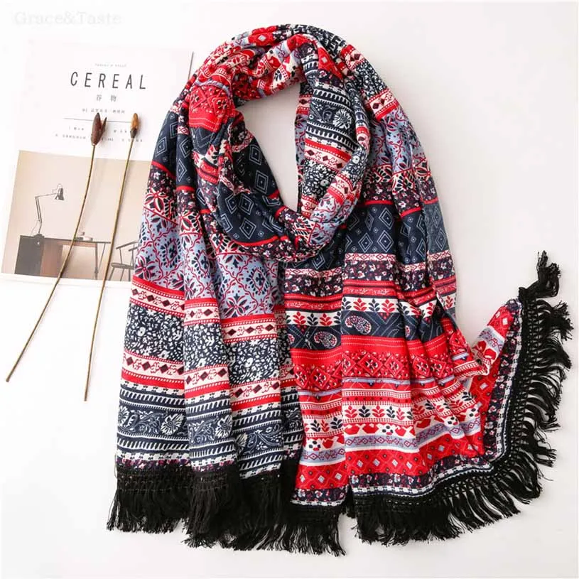 

Spring new style retro ethnic wind lace cashew flower scarf flowers autumn cotton and linen shawl femme headband muslim hijabs