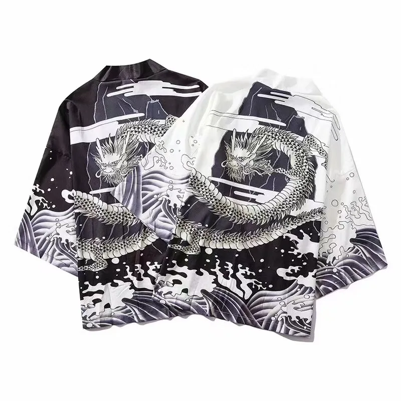 

2020 Summer New Retro Ukiyo-e Wave Chinese Dragon Kimono Man Woman Tops Cardigan Asian Clothes Japanese Traditional Yukata Yuori