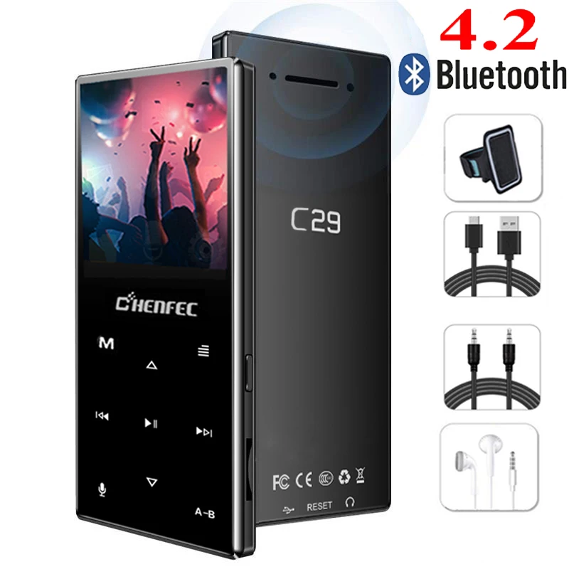 CHENFEC C12 MP3 плеер с Bluetooth 4,0 Встроенный 8 Гб динамик музыкальный плеер Поддержка FM радио Запись Иврит Русский - Цвет: C29-Full Set-Black