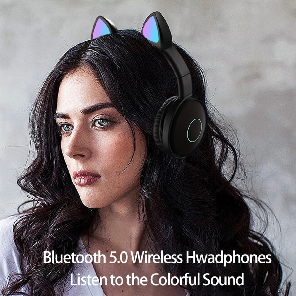 Музыка Мода Bluetooth 5,0 дети USB Перезаряжаемый милый светодиодный светящиеся беспроводные наушники девочка PC кошачьи уши складные 7 цветов Изменение